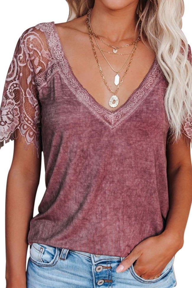 Lace Stitching Women's V-neck Solid Color Casual Loose T-shirt