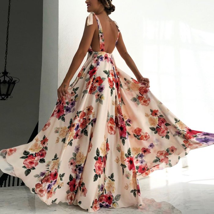 Fashion Backless Floral Print Bohemia Maxi Dress