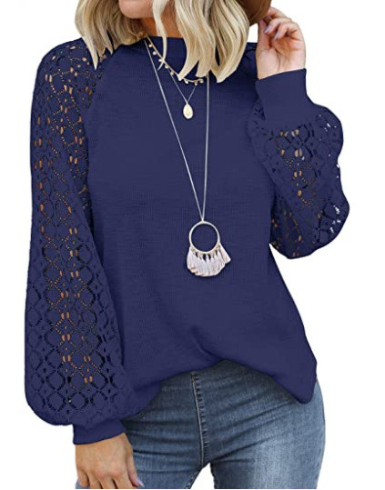 Women's Top Elegant Lace Long Sleeve Hollow O-Neck Solid Shirts