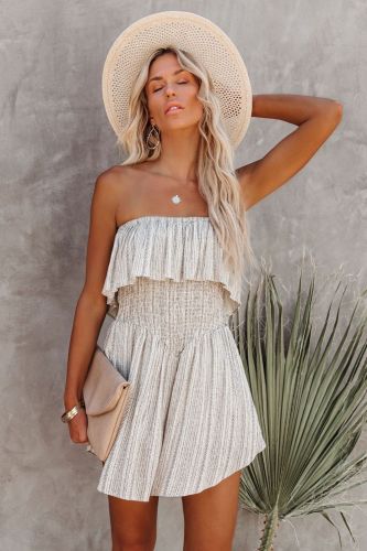 New Women's Off-the-Shoulder Striped Casual Wide-Leg  Rompers