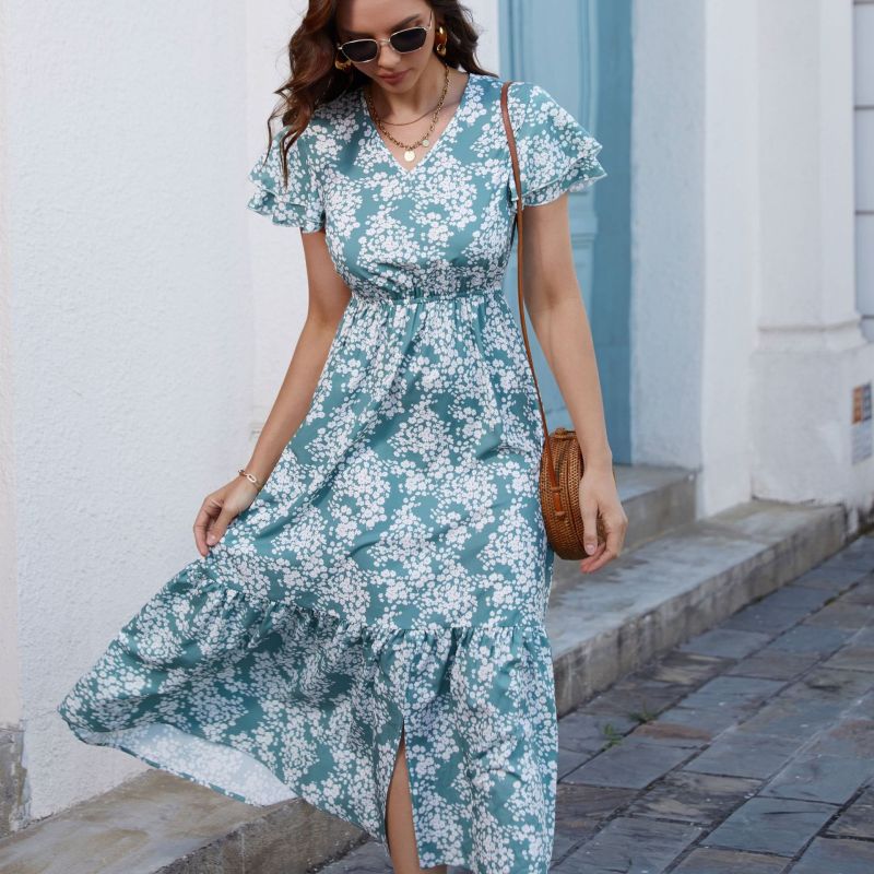 New Women's Sexy V-Neck Printed  Vacation Dresses