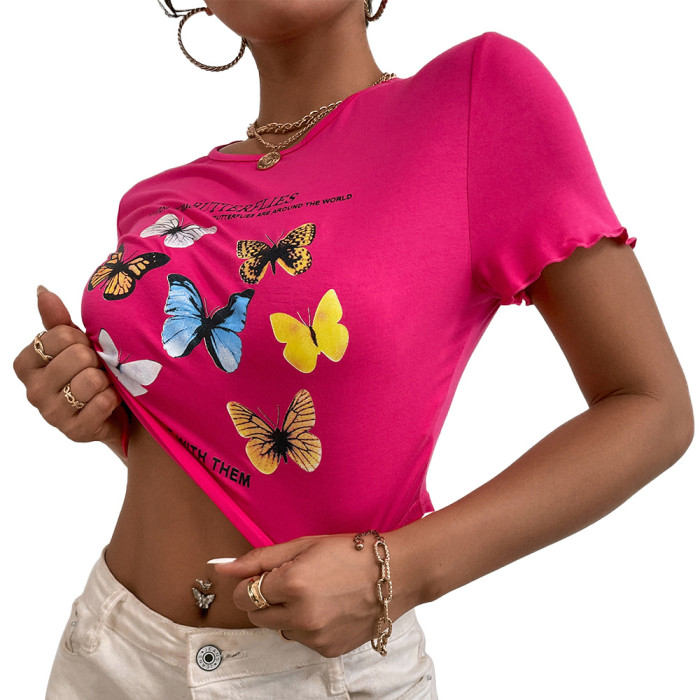 Summer new butterfly print round neck pullover sexy cropped navel women's top T-shirt