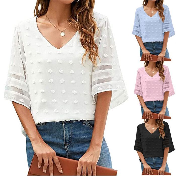 Women's Chiffon V Neck Solid Color Loose Casual Elegant   T-Shirts