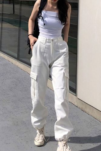 Women's Casual Solid Color Loose High Waist Cargo Pants