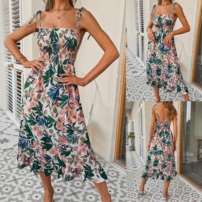 Sexy Floral Print Sling High Stretch Waist Pleated Boho Vacation Dress