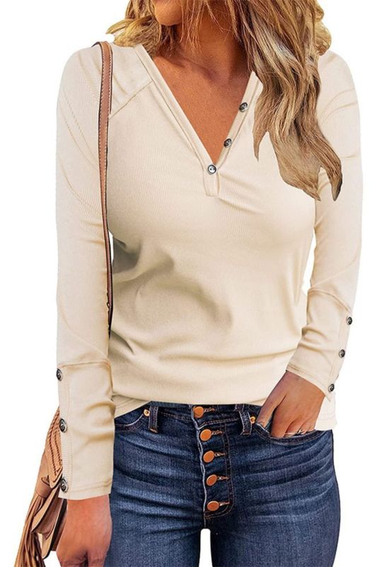 New Women's V-Neck Button Casual Fashion Solid Color Long Sleeve T-Shirt