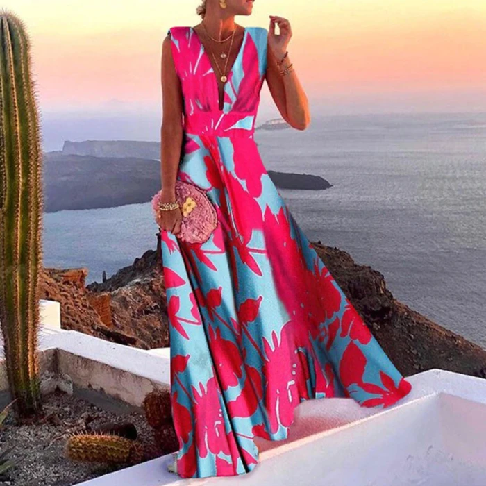 Sexy Cutout Sleeveless Beach V Neck Halter  Vacation Dresses