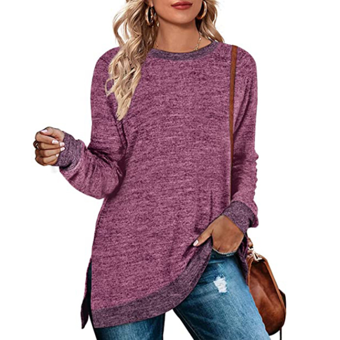 Women's New Long Sleeve Solid Color Stretch Crew Neck Shirt