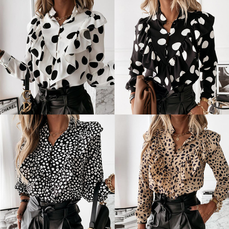 Casual Long Sleeve Leopard Dot Print Chiffon Shirt V-Neck Women's Top Shirt