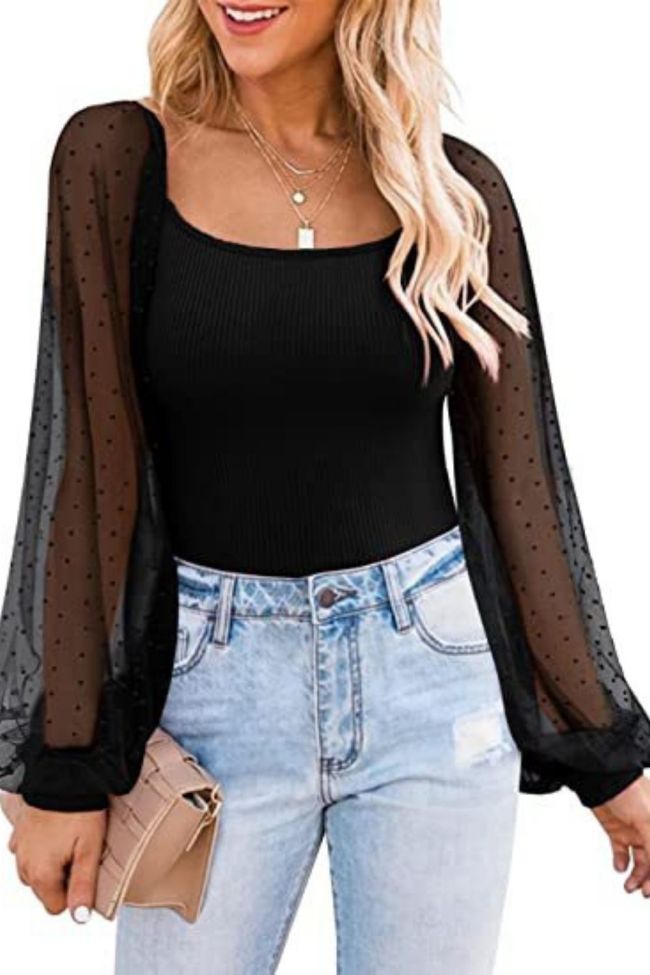 Summer Women's Sexy Chiffon Solid Slim Fit Mesh Puff Sleeve Shirts