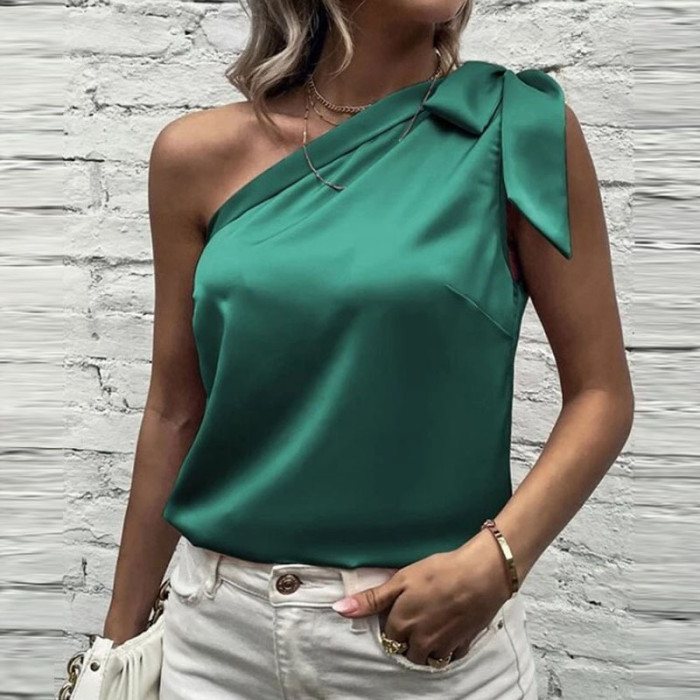 Fashion Women's Solid Color Irregular Bow Tie Neck Sleeveless T-Shirt