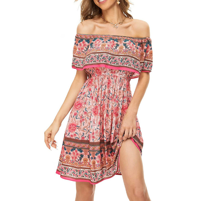 New Boho Print Sexy Off-the-Shoulder  Vacation Dress