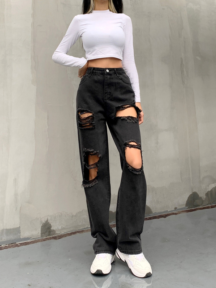 Ripped Women's Casual Hip Hop High Waist Straight Pants