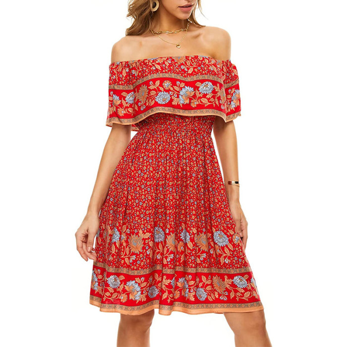 New Boho Print Sexy Off-the-Shoulder  Vacation Dress