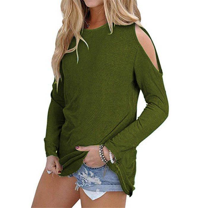 Women's Long Sleeve Off Shoulder Fashion Casual O Neck Loose Solid Color Shirts