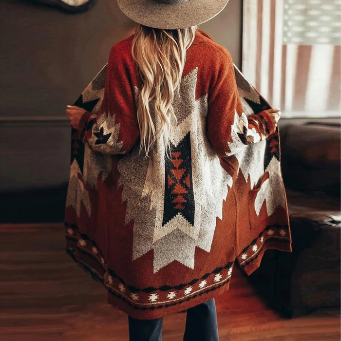 Women's Fashion Winter Vintage Tribal Cardigan Sweater Coat Blouse Casual retro print design ladies cardigan sweater