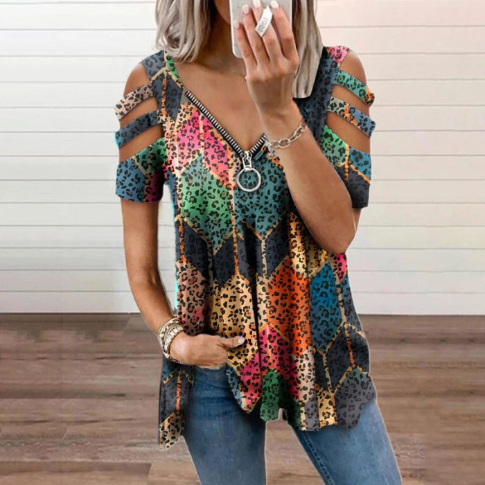 Women's Sexy Fashion Pullover Printed V-Neck Zip T-Shirt