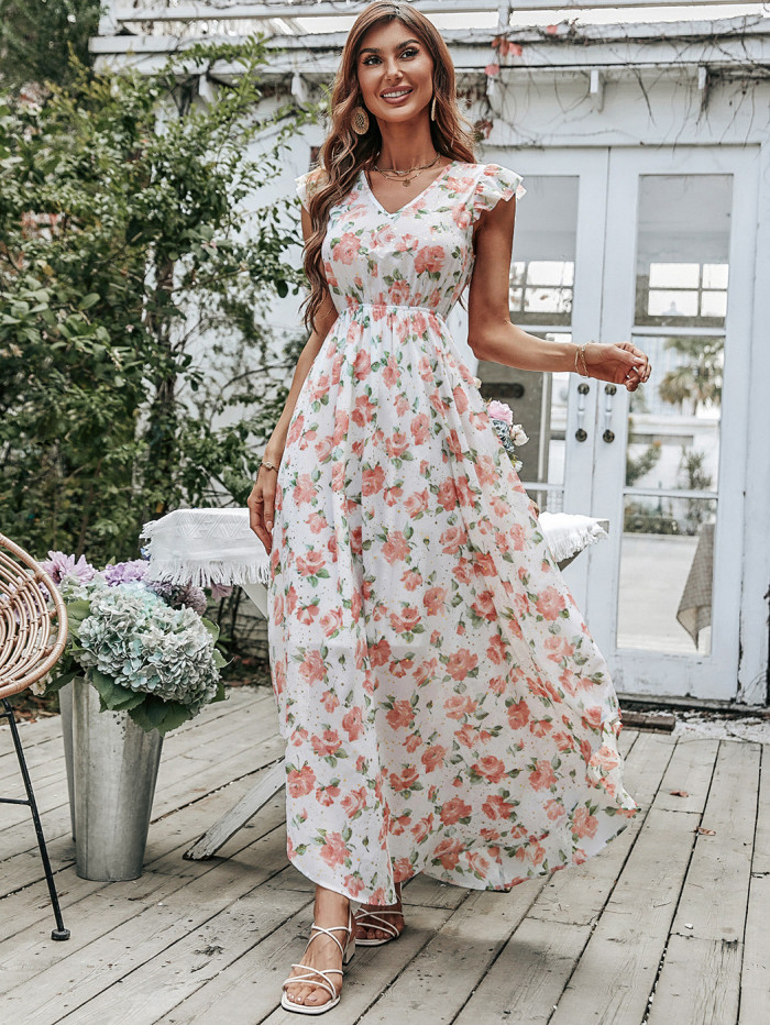 Sexy Backless Floral Fashion Bohemian Beach V-Neck A-Line  Vacation Dress