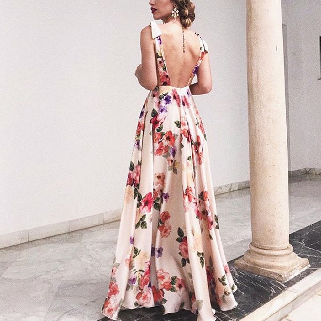 Green Boho Floral Print Backless Drawstring High Waist Maxi Dress