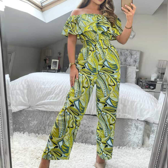 Women's Sexy Off Shoulder Slant Collar Stretch High Waist Loose Casual Jumpsuit