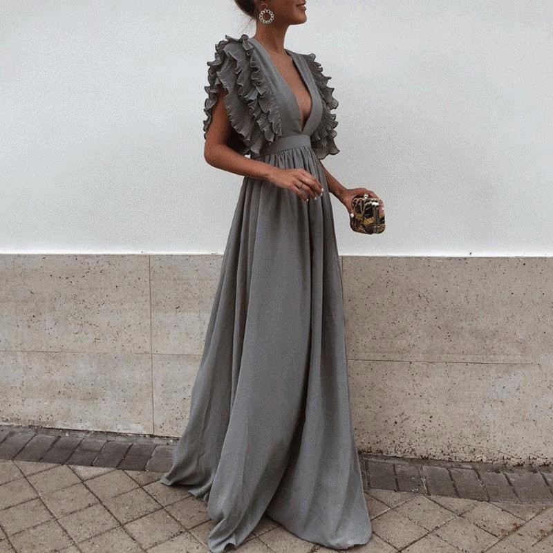 Sexy Gray V Neck Short Sleeves Maxi Dress