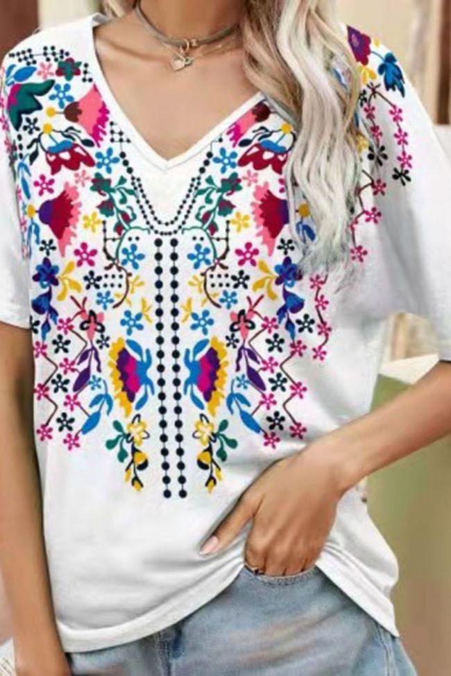 Ladies Print Casual Loose V Neck Boho Ethnic Pattern T-Shirts