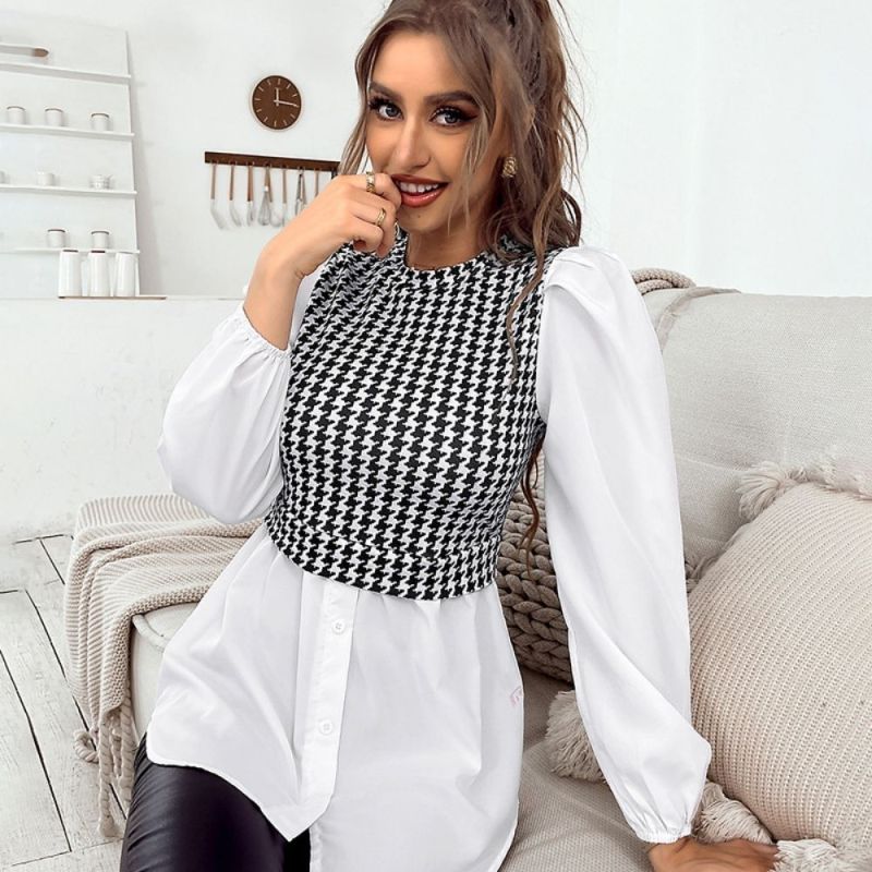 2022 Spring Women's Striped Tops Fashion Ladies Fake Two-piece Shirts Women's Elegant Long-sleeved Stitching Tops