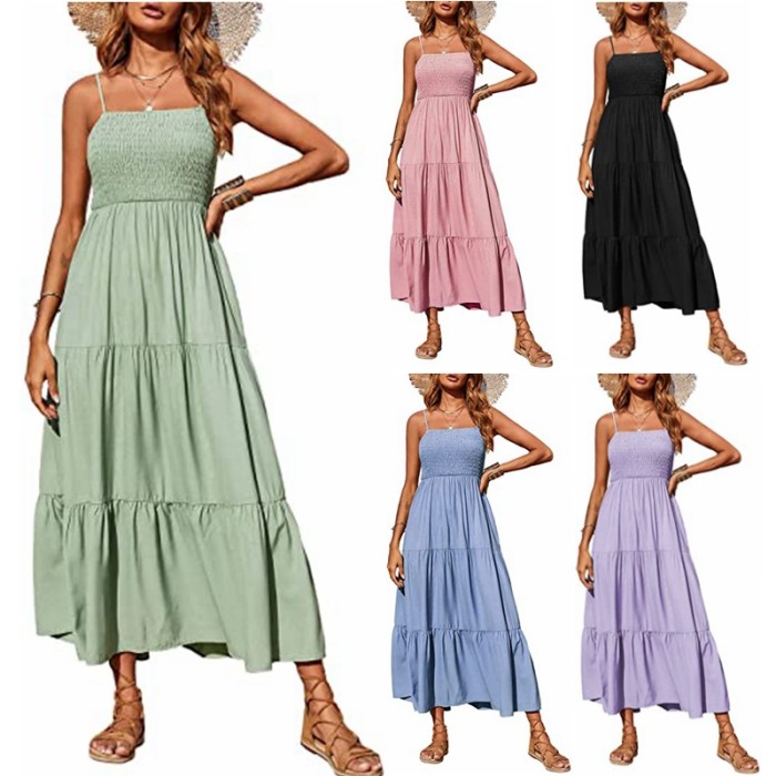 Women's Summer Sleeveless Ruched Casual Boho Beach Fashion  Maxi Dress