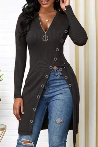 Women's Top Casual V-Neck Long Sleeve High Slit Thread Zip Shirts