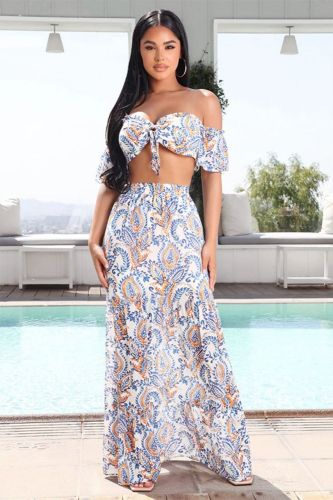 Sexy And Elegant Bohemian Off-the-Shoulder Printed Maxi  Vacation Dress