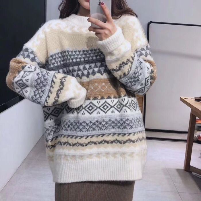 Women Vintage Loose Pullovers Casual Geometric Sweaters