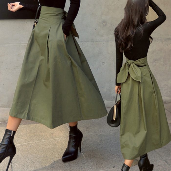 Fashion Solid Color Swing Boho Style Versatile High Waist Bow Knot Slim Skirt