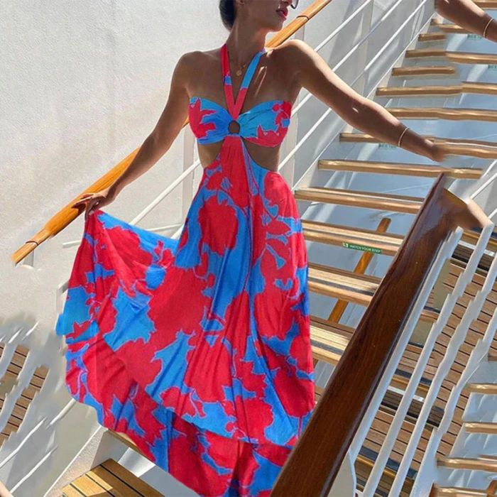 Sexy Cutout Sleeveless Beach V Neck Halter  Vacation Dresses