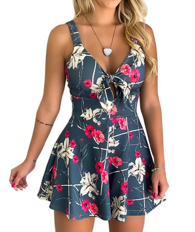 Women's Summer Printed Casual Loose V Neck Beach Sexy Party  Rompers