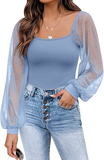 Summer Women's Sexy Chiffon Solid Slim Fit Mesh Puff Sleeve Shirts