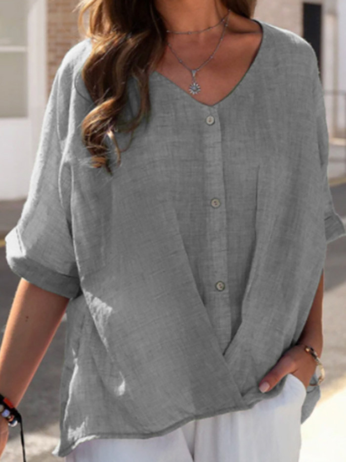Women's Cotton Linen  Fashion Solid Color V-Neck Casual Loose Shirts