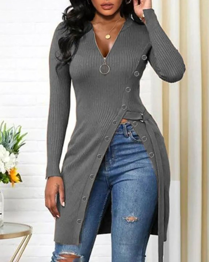 Women's Top Casual V-Neck Long Sleeve High Slit Thread Zip Shirts
