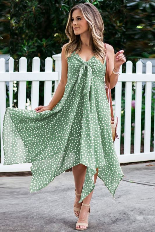 New Women's Polka Dot Sleeveless V Neck  Vacation Dress