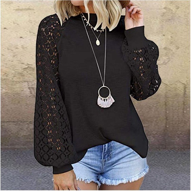 Women's Top Elegant Lace Long Sleeve Hollow O-Neck Solid Shirts