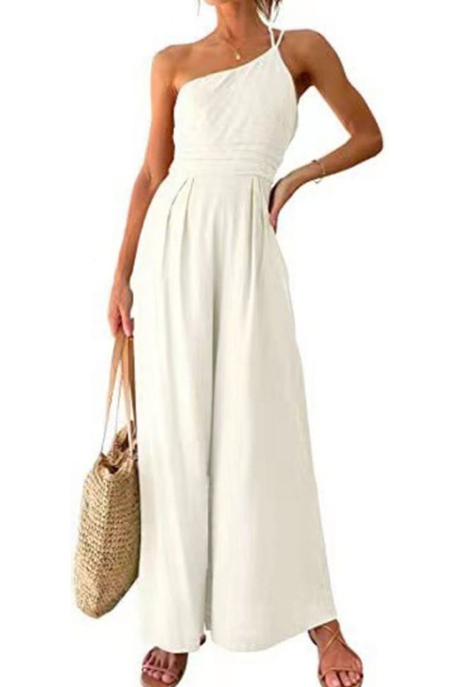 Summer Women's Elegant Solid Color Sexy One-Shoulder Cotton And Linen Jumpsuit