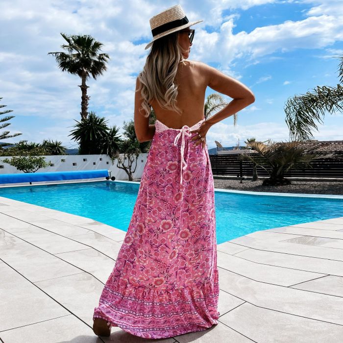 Summer Sexy Backless Printed Boho High Waist Beach  Vacation Dress