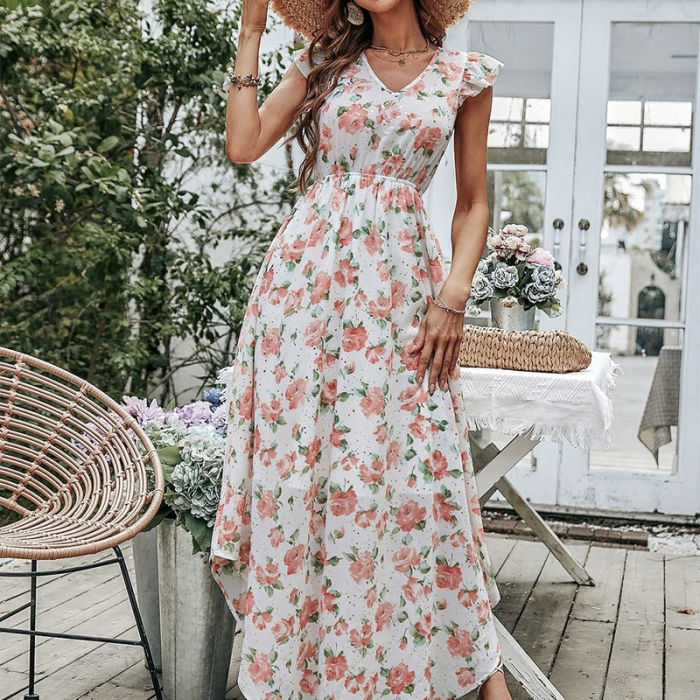 Sexy Backless Floral Fashion Bohemian Beach V-Neck A-Line  Vacation Dress