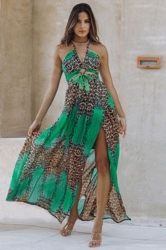 New Leopard Print Sexy Backless Long Slit V-Neck Loose Vacation Dress