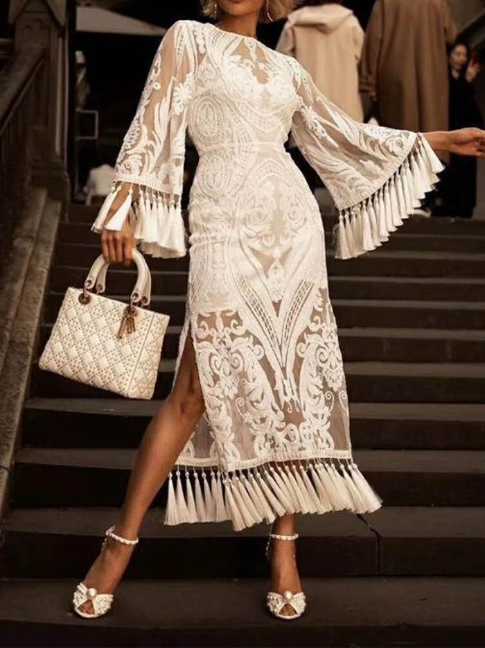 Elegant Lace Inwrought Tassel Bell Sleeve Maxi Dresses