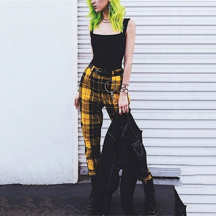 Cool Girl High Waist Harem Sports Plaid Casual  Pants