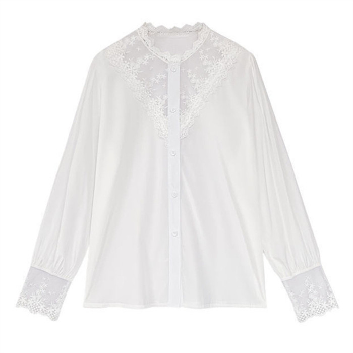 Women Lace Panel Chiffon O Neck Button Long Sleeves Elegant Shirts