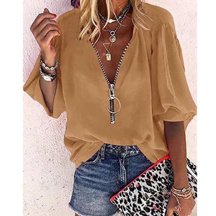 Women's New Solid Color Long Sleeve V-Neck Zipper Casual Shirt