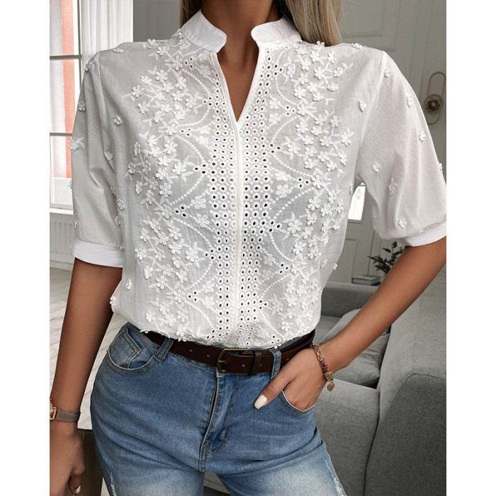 New Women's Solid Color Cutout V Neck Lace Puff Sleeve Fashion Shirt