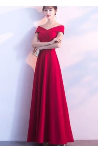 Women's Red V-Neck Flared Long Elegant Fashion Prom Dress