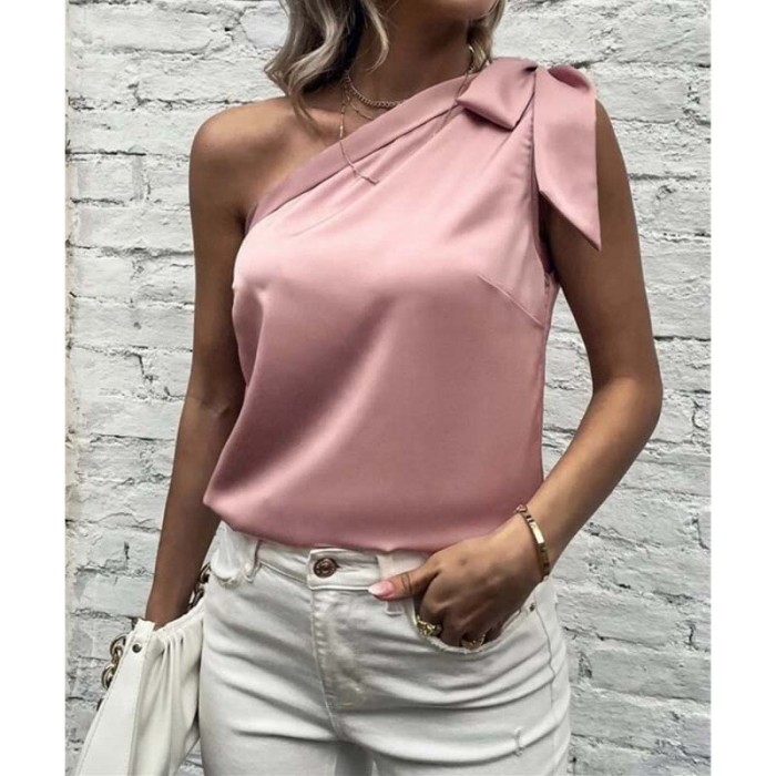 Fashion Women's Solid Color Irregular Bow Tie Neck Sleeveless T-Shirt